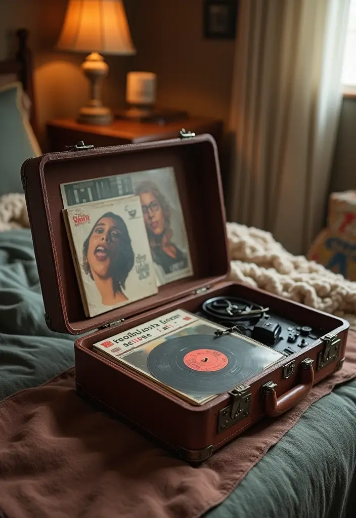 25 Album Cover Wall Decor Bedroom Ideas That Show Off Your Music Style - 16. Retro Suitcase Display