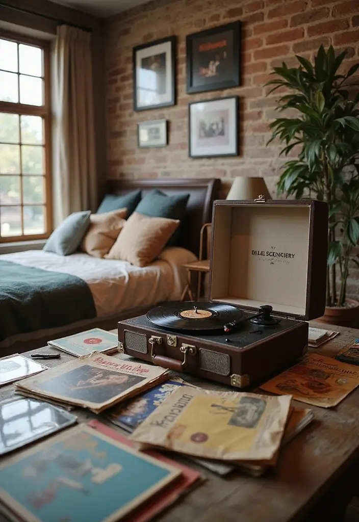 25 Album Cover Wall Decor Bedroom Ideas That Show Off Your Music Style - 8. Vintage Record Player Showcase