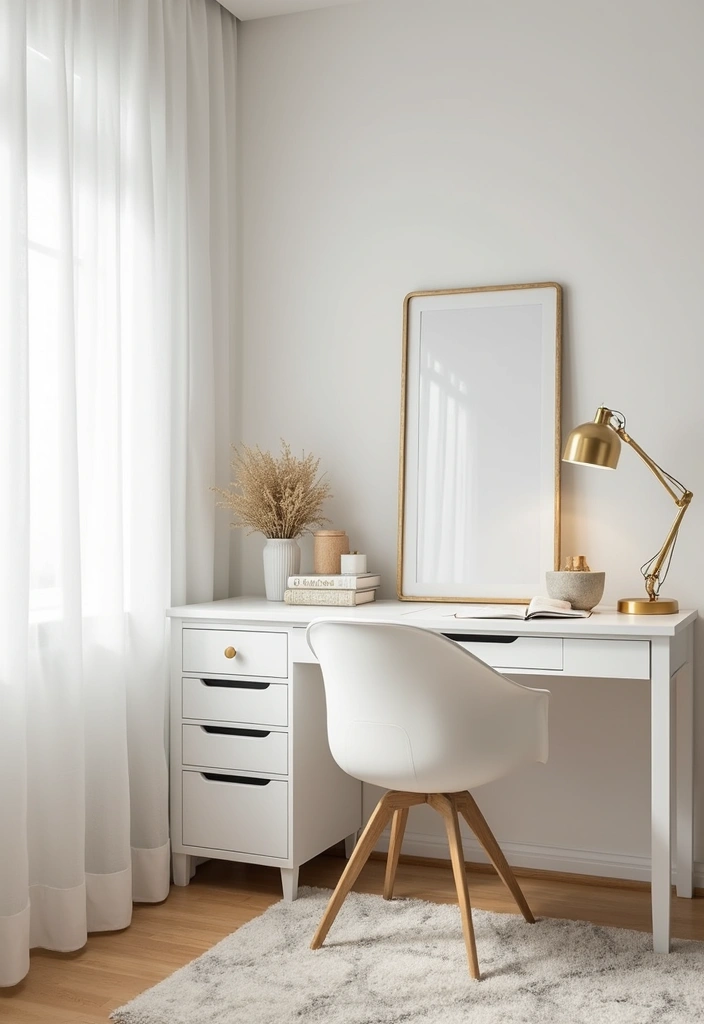 25 Bedroom Desk Ideas Aesthetic That Boost Productivity & Style - 22. Bright White and Gold
