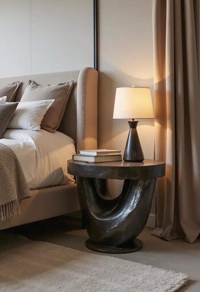 25 Bedroom Side Table Ideas That Look Cute & Functional - 17. Artistic Sculptural Tables