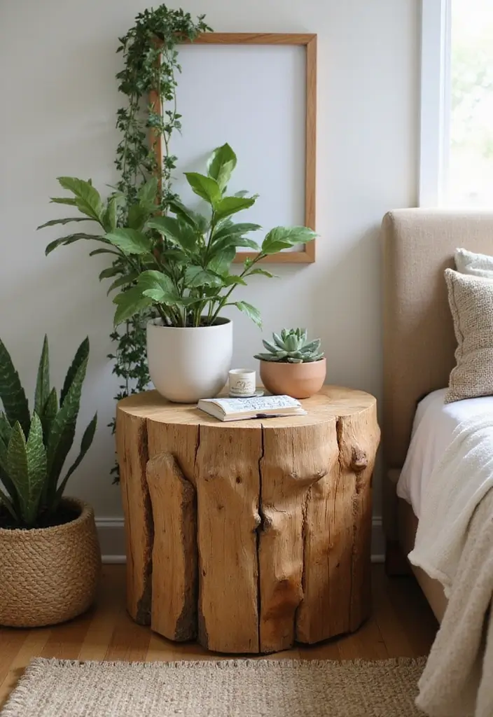 25 Bedroom Side Table Ideas That Look Cute & Functional - 18. Nature-Inspired Wood Slice Tables