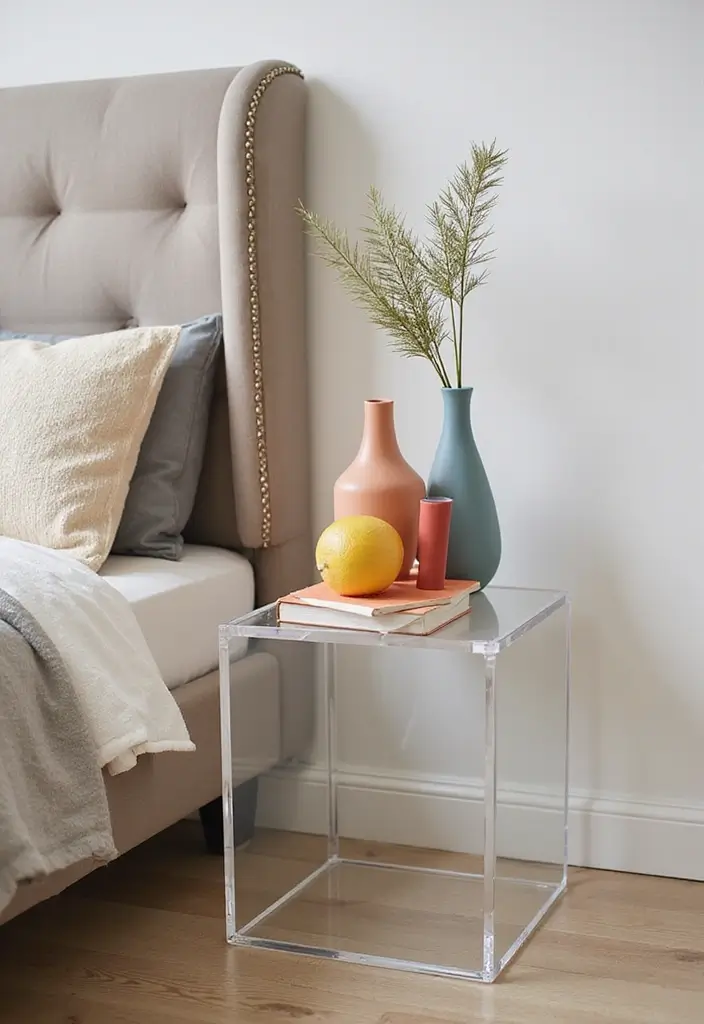 25 Bedroom Side Table Ideas That Look Cute & Functional - 19. Minimalist Acrylic Side Tables