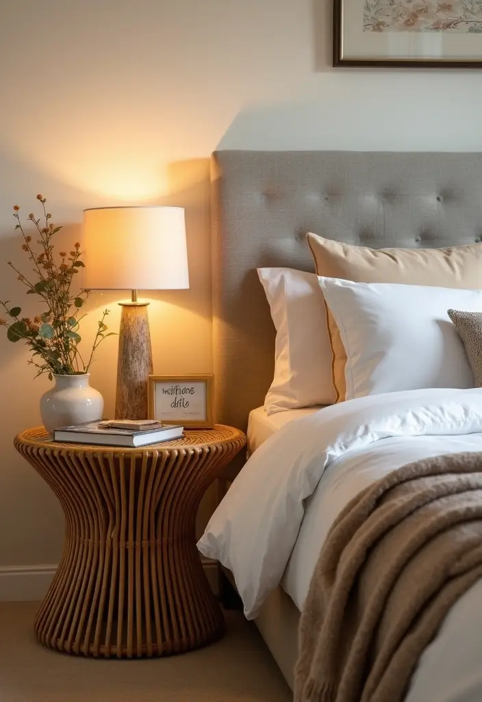 25 Bedroom Side Table Ideas That Look Cute & Functional - 23. Stylish Rattan and Wicker Options