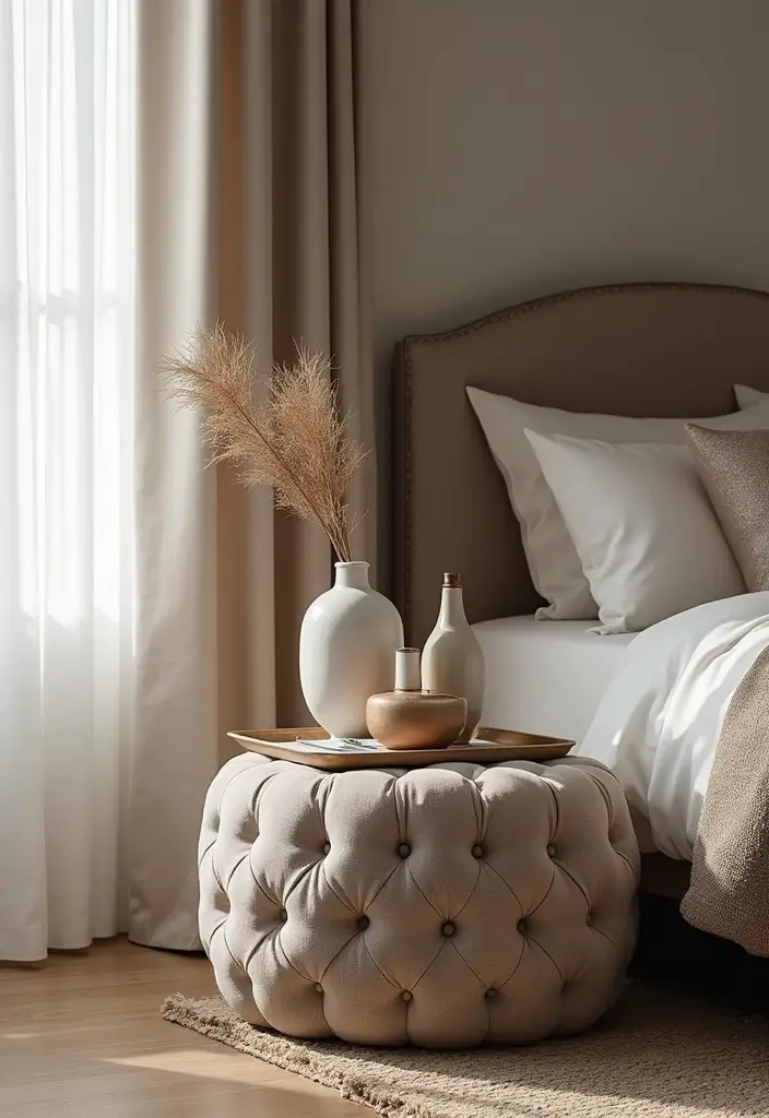 25 Bedroom Side Table Ideas That Look Cute & Functional - 24. Functional Ottoman Nightstands