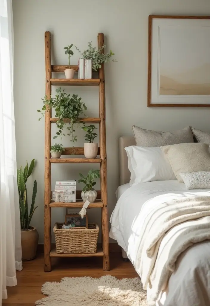 25 Bedroom Side Table Ideas That Look Cute & Functional - 25. Eco-Friendly Ladder Nightstands