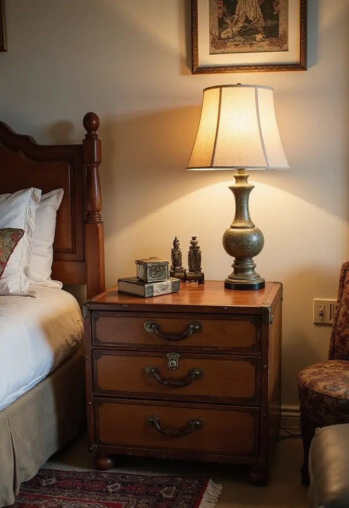 25 Bedroom Side Table Ideas That Look Cute & Functional - 5. Vintage Suitcase Side Table