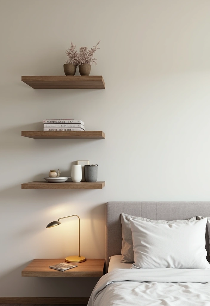 25 Bedroom Side Table Ideas That Look Cute & Functional - 6. Floating Shelves as Nightstands