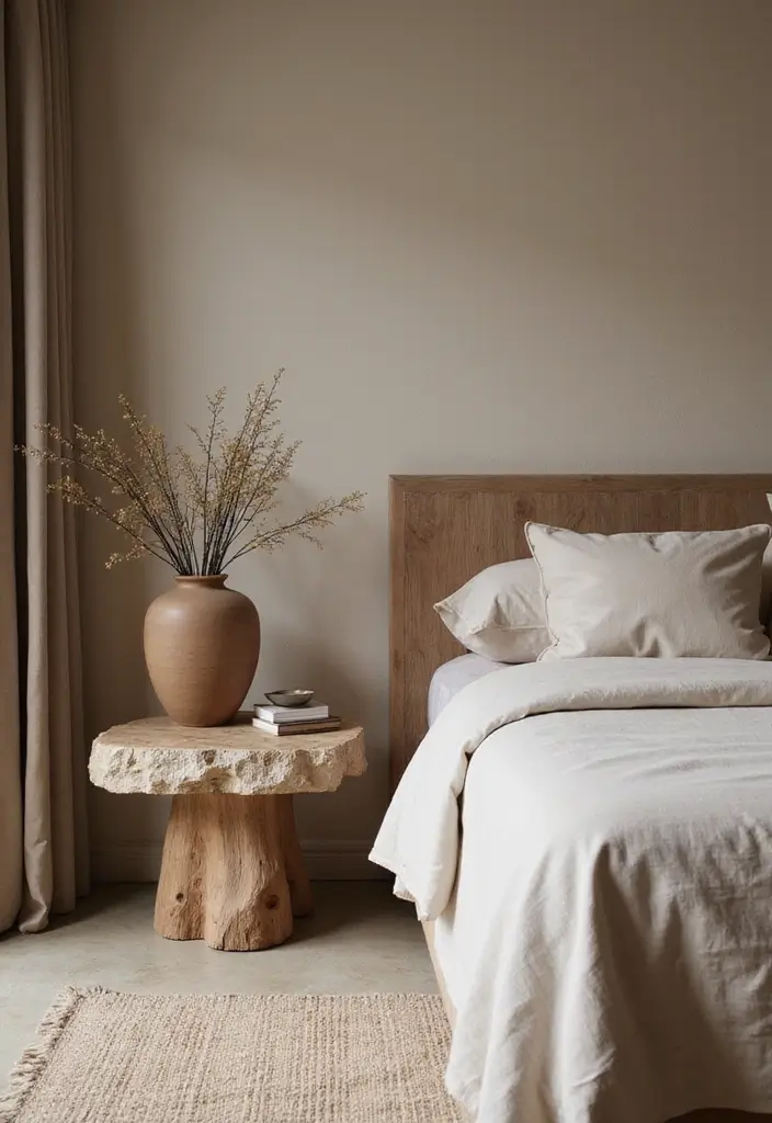 25 Bedroom Side Table Ideas That Look Cute & Functional - 7. Natural Stone Accents