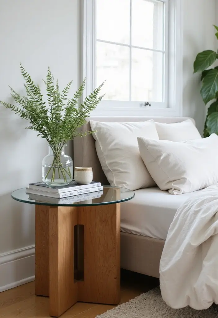 25 Bedroom Side Table Ideas That Look Cute & Functional - 9. Glass Top Tables with Wood Base