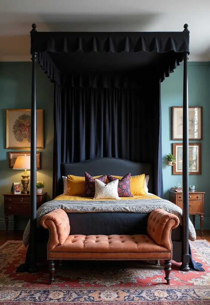 25 Black Canopy Bedroom Ideas That Add Drama and Elegance - 11. Eclectic Mix and Match