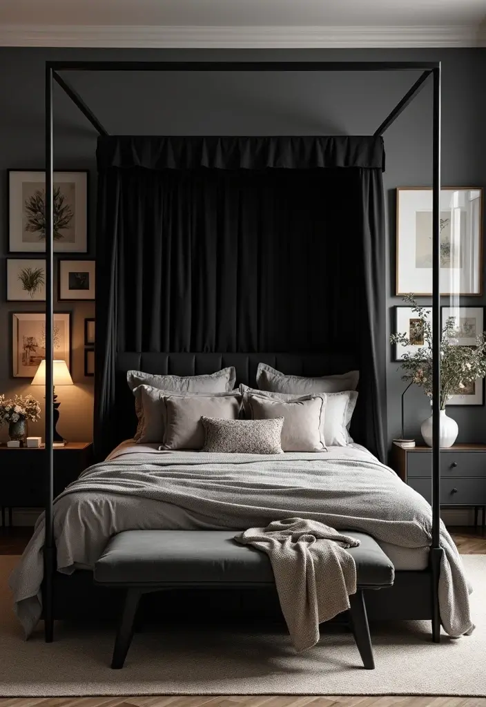 25 Black Canopy Bedroom Ideas That Add Drama and Elegance - 13. Unique Art Integration