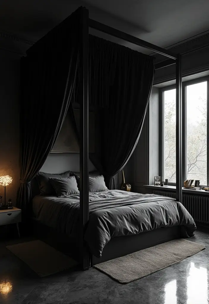 25 Black Canopy Bedroom Ideas That Add Drama and Elegance - 20. Reflective Surfaces