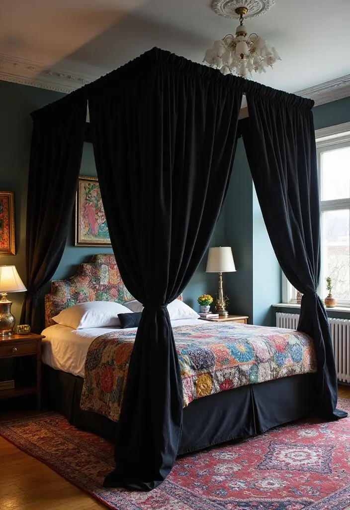25 Black Canopy Bedroom Ideas That Add Drama and Elegance - 5. Artistic Touch
