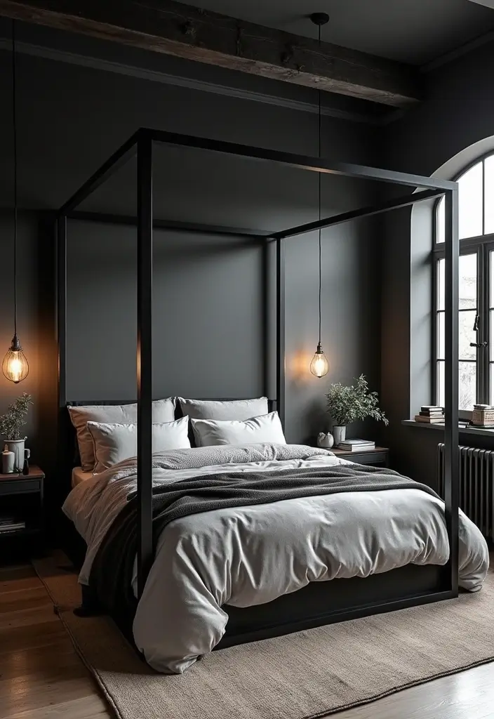 25 Black Canopy Bedroom Ideas That Add Drama and Elegance - 9. Industrial Style