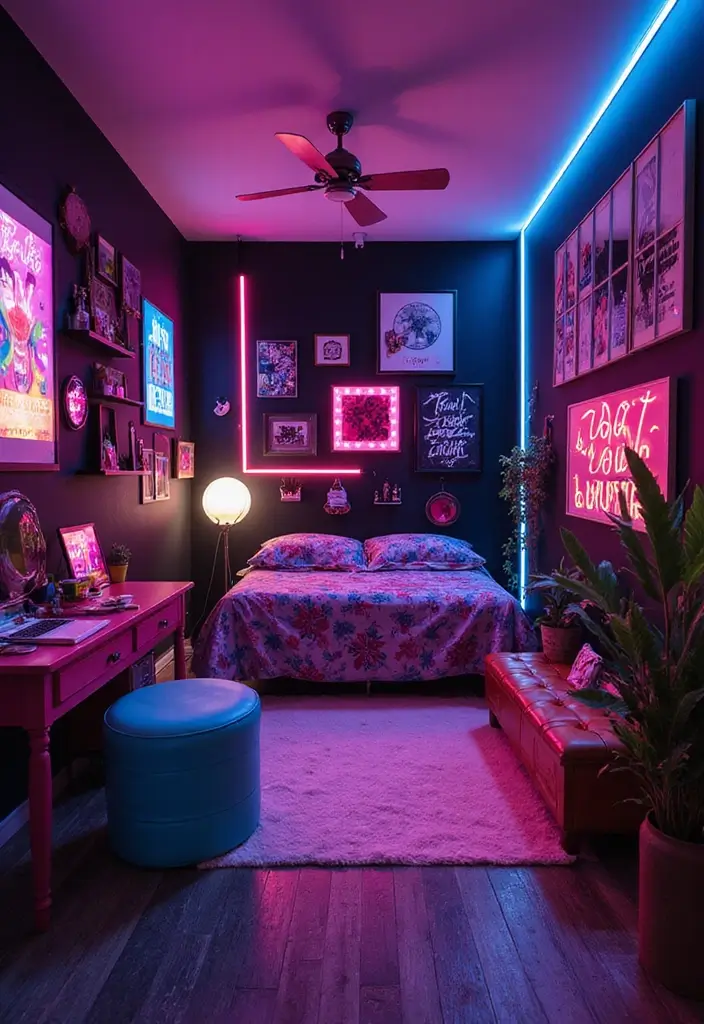 25 Bloxburg Teen Bedroom Ideas That Are Totally Aesthetic - 6. Neon Lights Wonderland