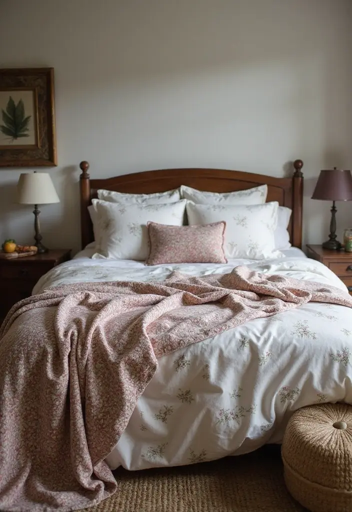 25 Cottage Core Bedroom Ideas That Bring Whimsical Charm Home - 1. Soft Floral Bedding