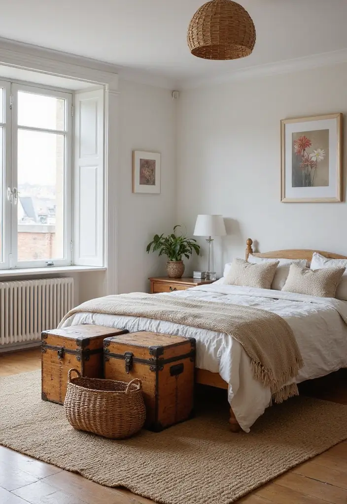 25 Cottage Core Bedroom Ideas That Bring Whimsical Charm Home - 14. Vintage Trunks and Baskets