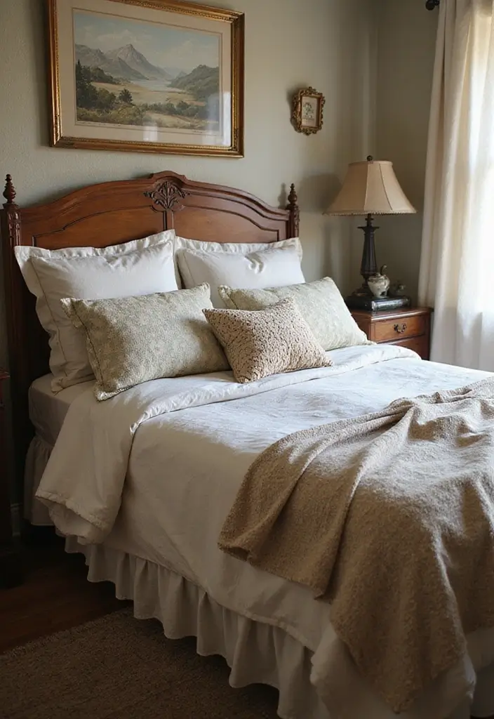 25 Cottage Core Bedroom Ideas That Bring Whimsical Charm Home - 18. Vintage Bedding and Linens