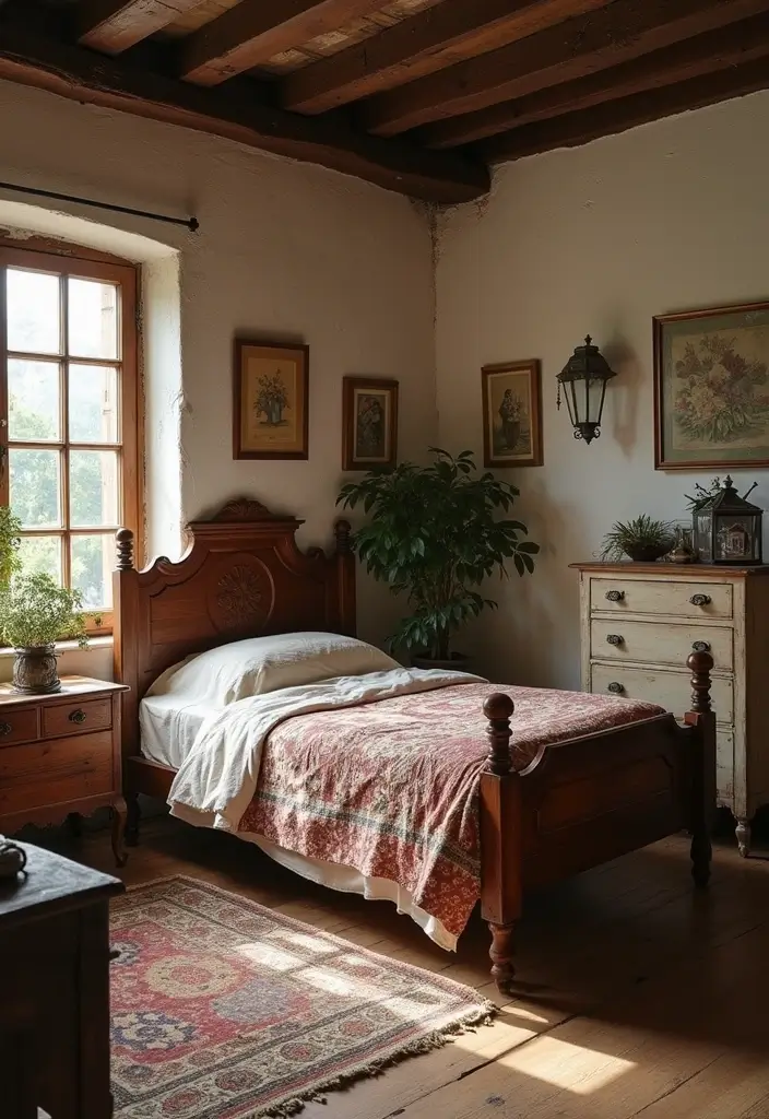 25 Cottage Core Bedroom Ideas That Bring Whimsical Charm Home - 2. Vintage-Inspired Furnishings