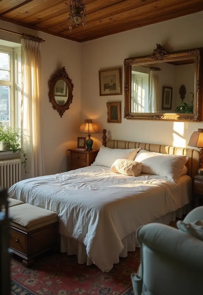 25 Cottage Core Bedroom Ideas That Bring Whimsical Charm Home - 21. Vintage Mirrors