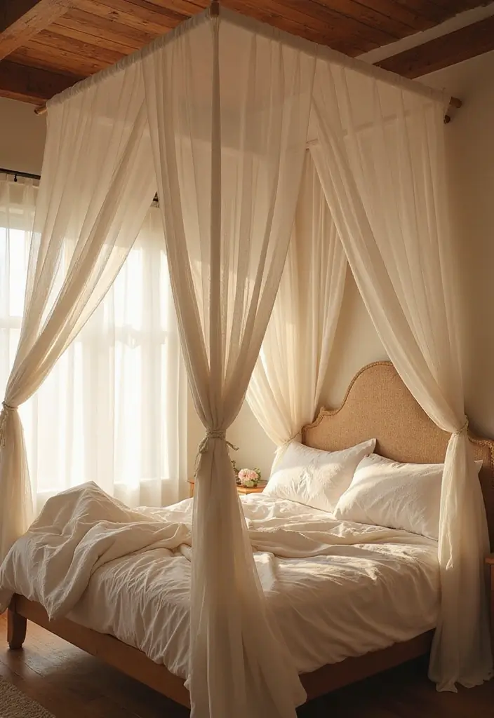 25 Cottage Core Bedroom Ideas That Bring Whimsical Charm Home - 25. Dreamy Canopy Drapes