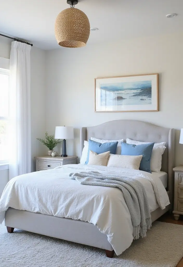 25 Grey Headboard Bedroom Ideas That Feel Classy and Versatile - 15. Coastal Inspired with Light Grey Accents