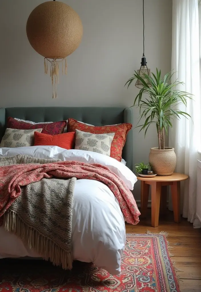 25 Grey Headboard Bedroom Ideas That Feel Classy and Versatile - 16. Contemporary Bohemian Style