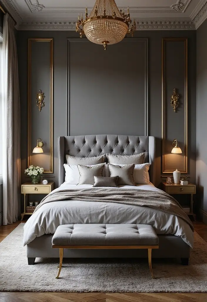 25 Grey Headboard Bedroom Ideas That Feel Classy and Versatile - 17. Gray and Gold Luxe