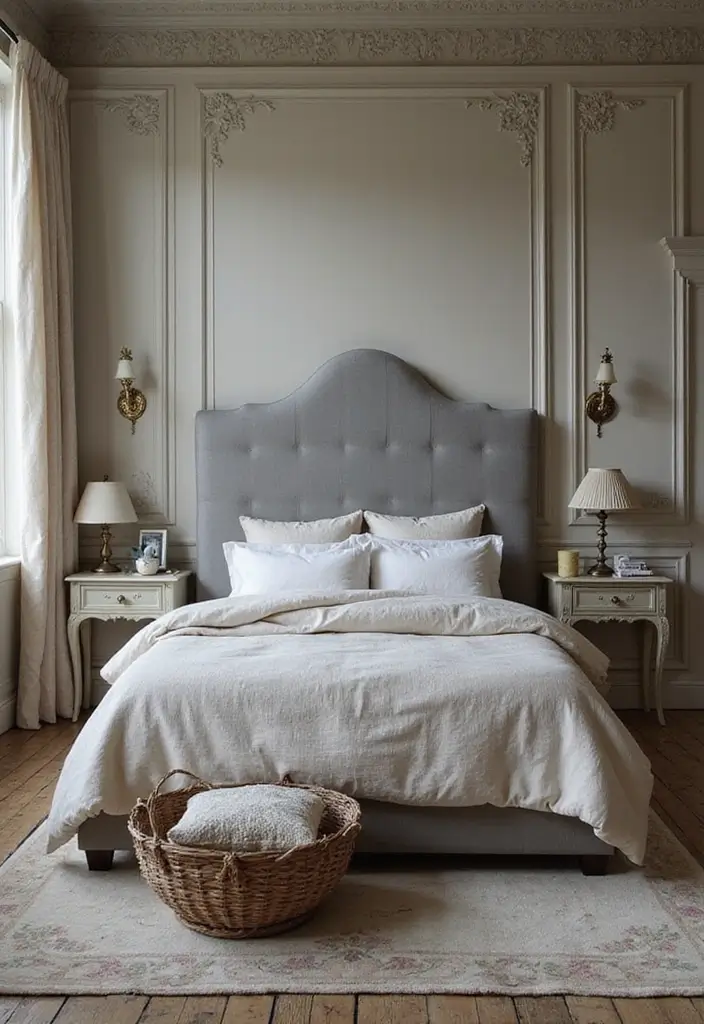 25 Grey Headboard Bedroom Ideas That Feel Classy and Versatile - 18. Vintage Inspired with Antique Accents