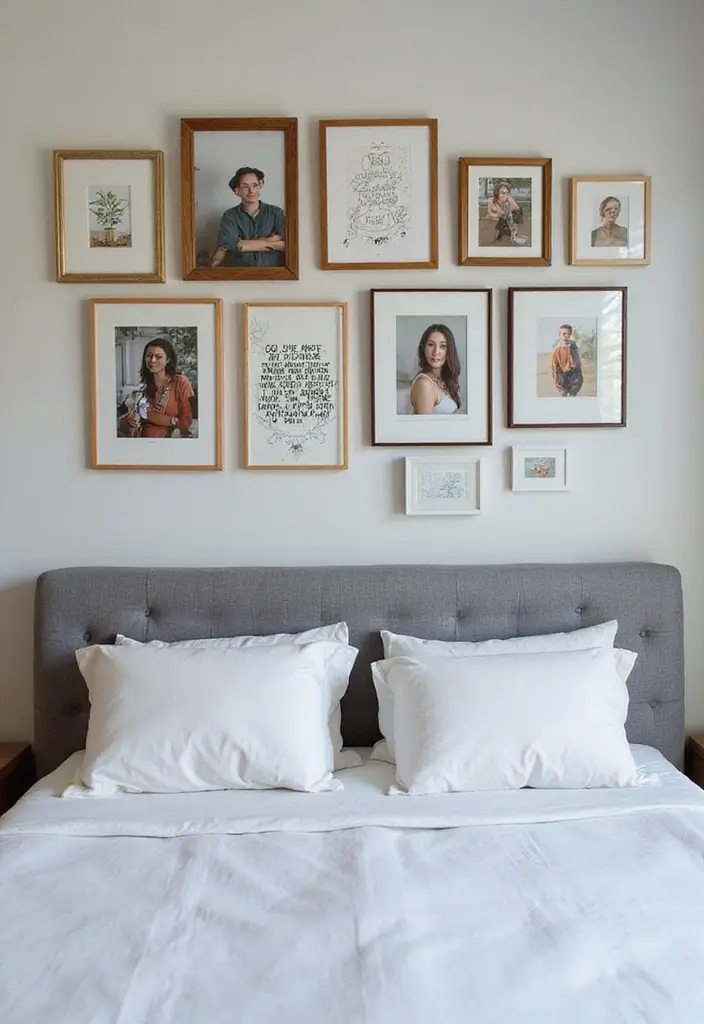 25 Grey Headboard Bedroom Ideas That Feel Classy and Versatile - 20. Eclectic Gallery Wall above the Headboard