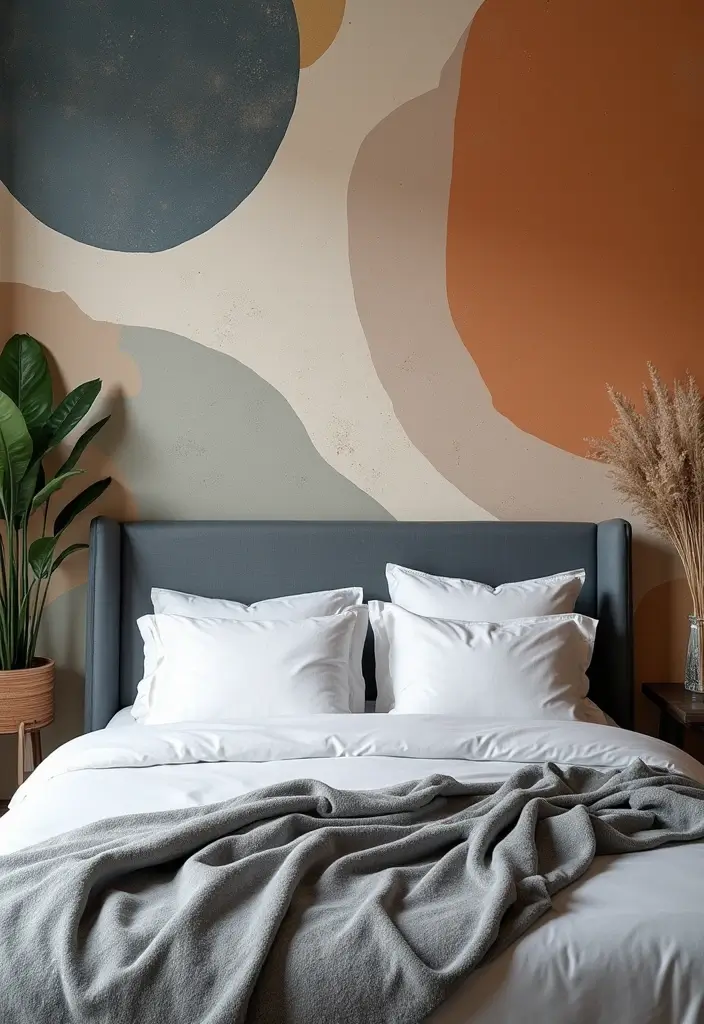 25 Grey Headboard Bedroom Ideas That Feel Classy and Versatile - 23. Artistic Wallpaper Behind the Headboard