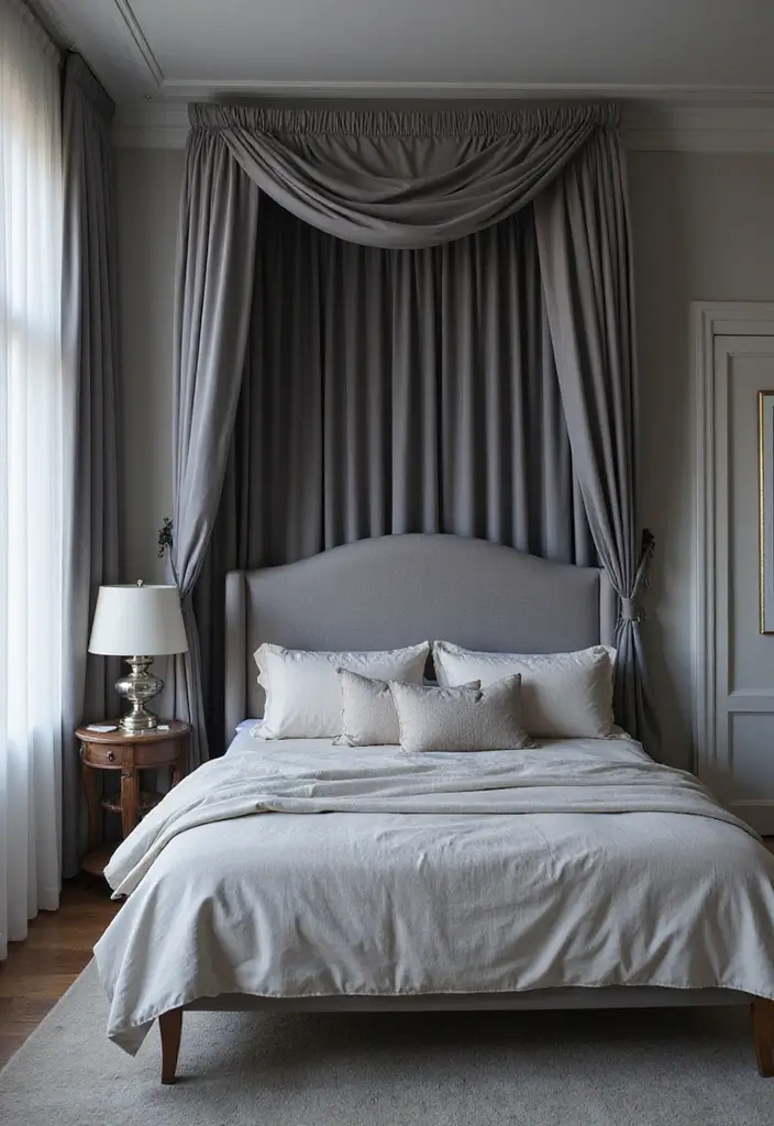 25 Grey Headboard Bedroom Ideas That Feel Classy and Versatile - 25. Elegant Canopy Bed with Grey Drapes