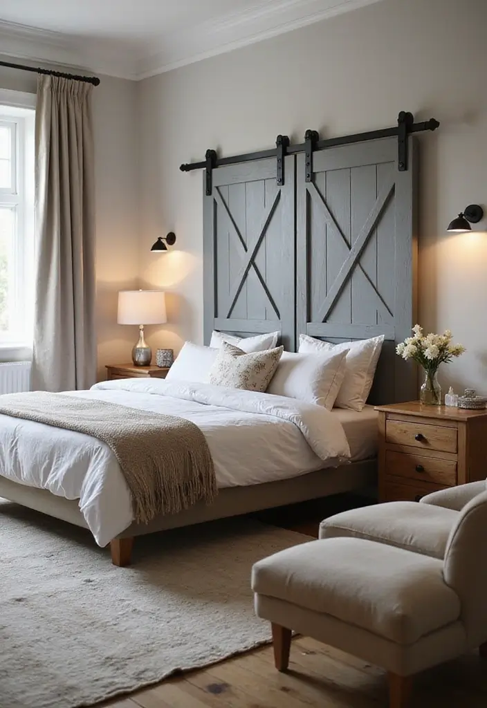 25 Grey Headboard Bedroom Ideas That Feel Classy and Versatile - 3. Rustic Charm with a Grey Barn Door Headboard