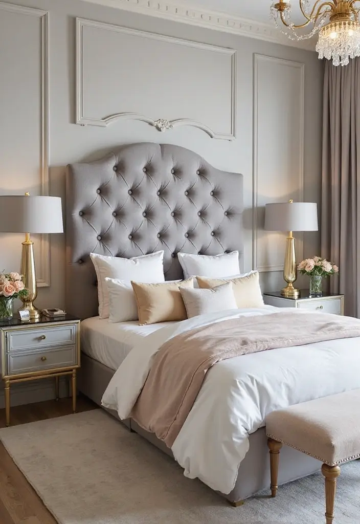 25 Grey Headboard Bedroom Ideas That Feel Classy and Versatile - 4. Glamorous Tufted Headboard