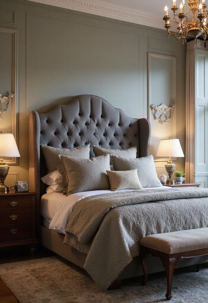 25 Grey Headboard Bedroom Ideas That Feel Classy and Versatile - 6. Classic Elegance with Wingback Design