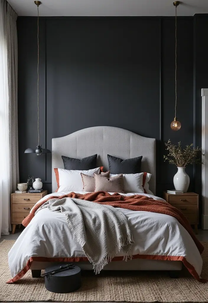 25 Grey Headboard Bedroom Ideas That Feel Classy and Versatile - 8. Bold Contrast with Dark Accents