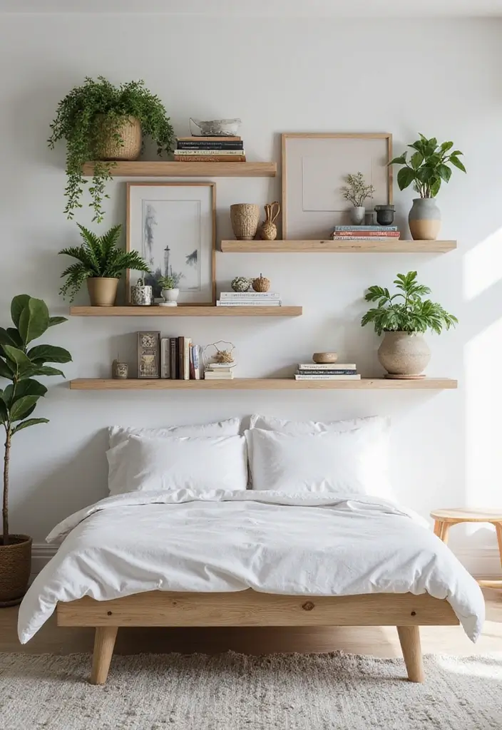 25 King Size Bed in Small Bedroom Ideas That Actually Work - 2. Floating Shelves for Decor and Storage