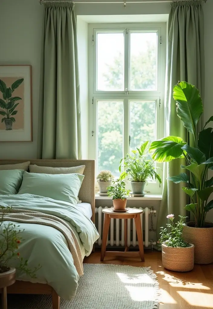 25 Sage Green Bedroom Ideas That Are Peaceful and Elegant - 15. Plants and Sage Green Accents