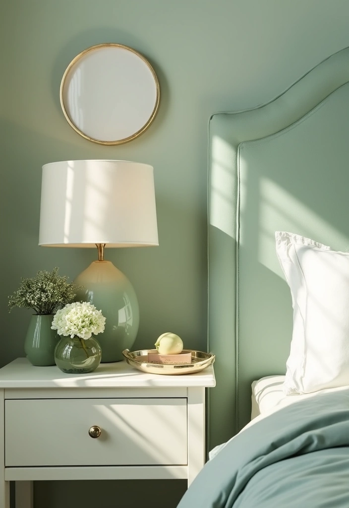 25 Sage Green Bedroom Ideas That Are Peaceful and Elegant - 16. Bedside Sage Green Decor