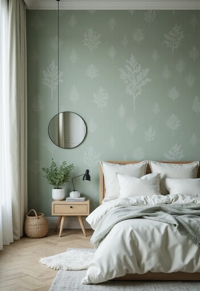 25 Sage Green Bedroom Ideas That Are Peaceful and Elegant - 18. Sage Green Wallpaper