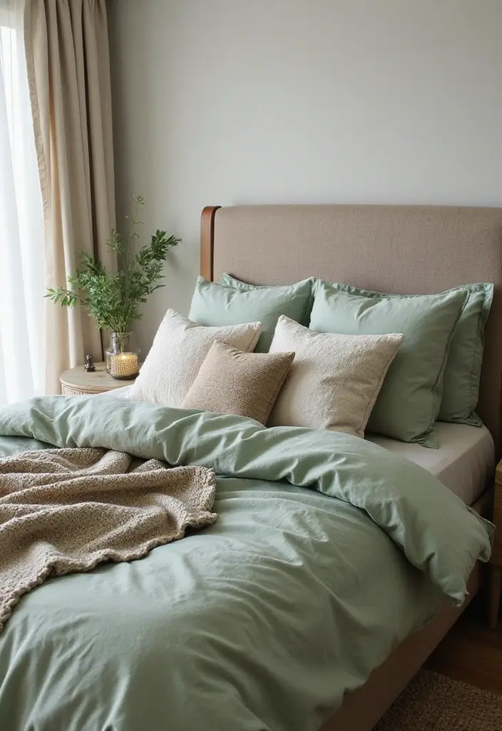 25 Sage Green Bedroom Ideas That Are Peaceful and Elegant - 2. Sage Green Bedding