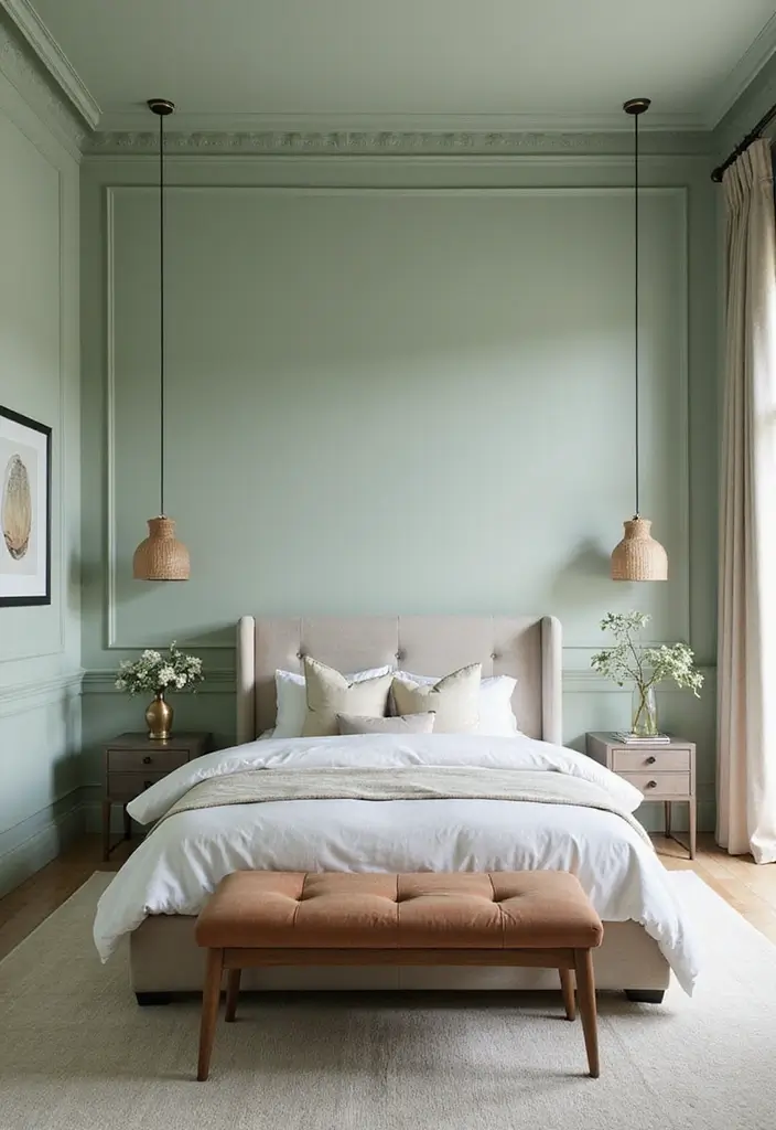 25 Sage Green Bedroom Ideas That Are Peaceful and Elegant - 20. Sage Green Ceiling Decor