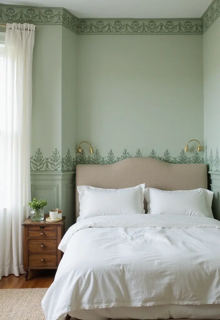 25 Sage Green Bedroom Ideas That Are Peaceful and Elegant - 23. Sage Green Wallpaper Borders
