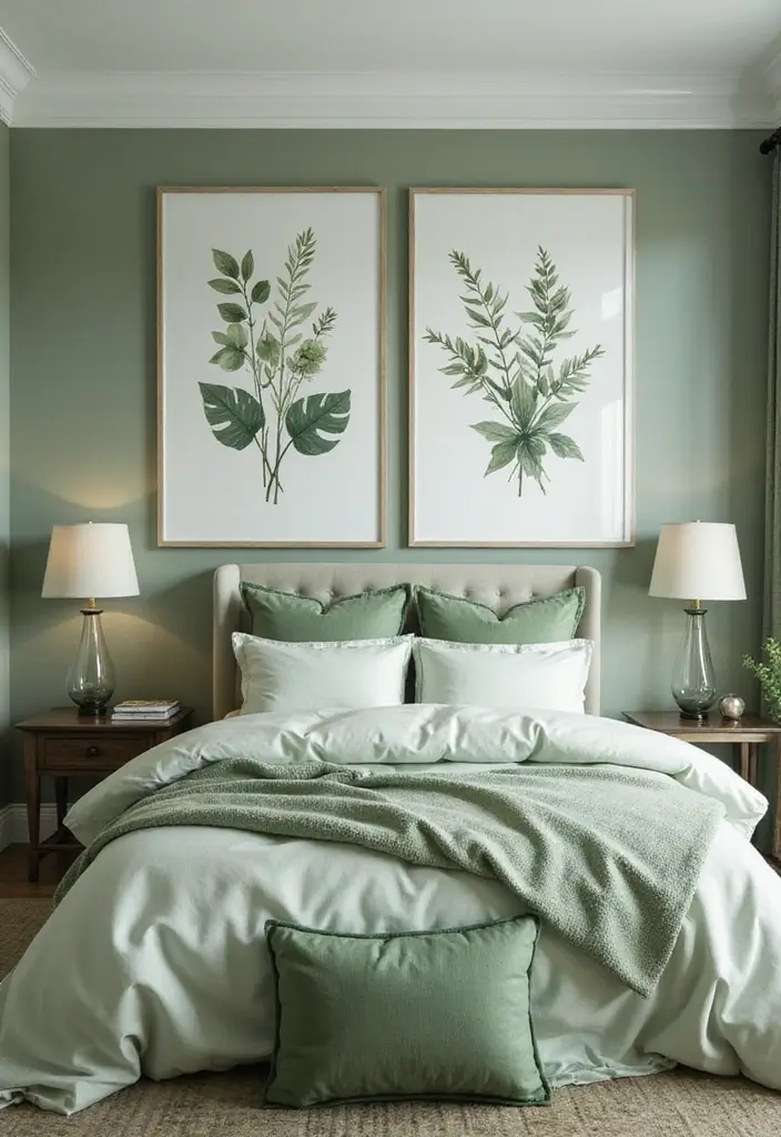 25 Sage Green Bedroom Ideas That Are Peaceful and Elegant - 8. Botanical Wall Art