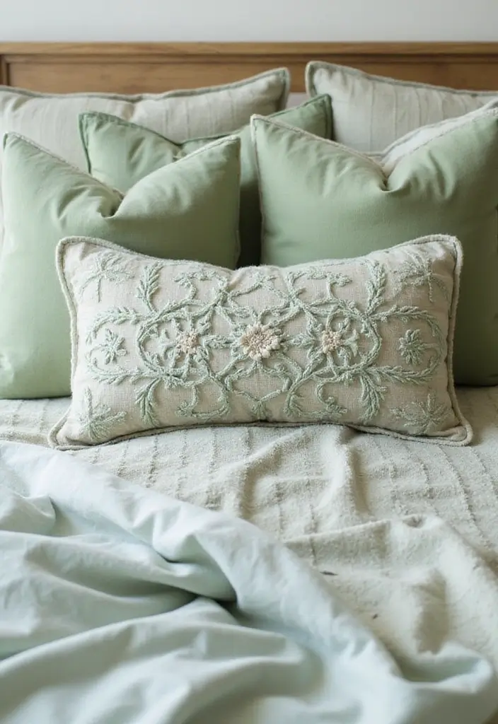 25 Sage Green Bedroom Ideas That Are Peaceful and Elegant - 9. Sage Green Accent Pillows