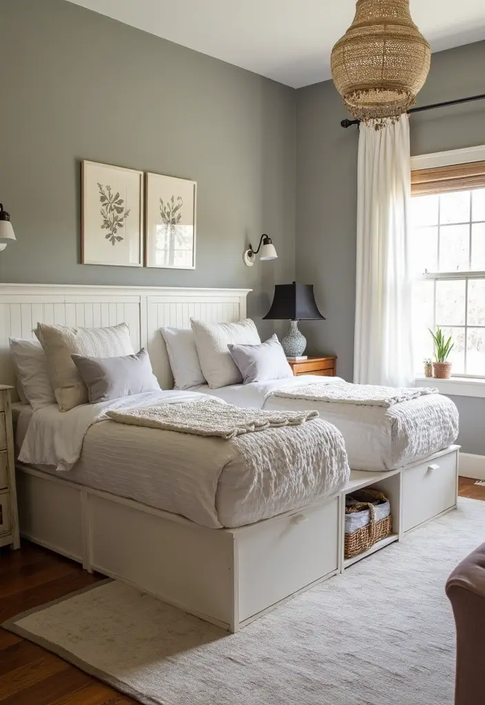 25 Shared Bedroom Ideas for Adults That Feel Balanced and Cozy - 14. Strategic Storage Solutions