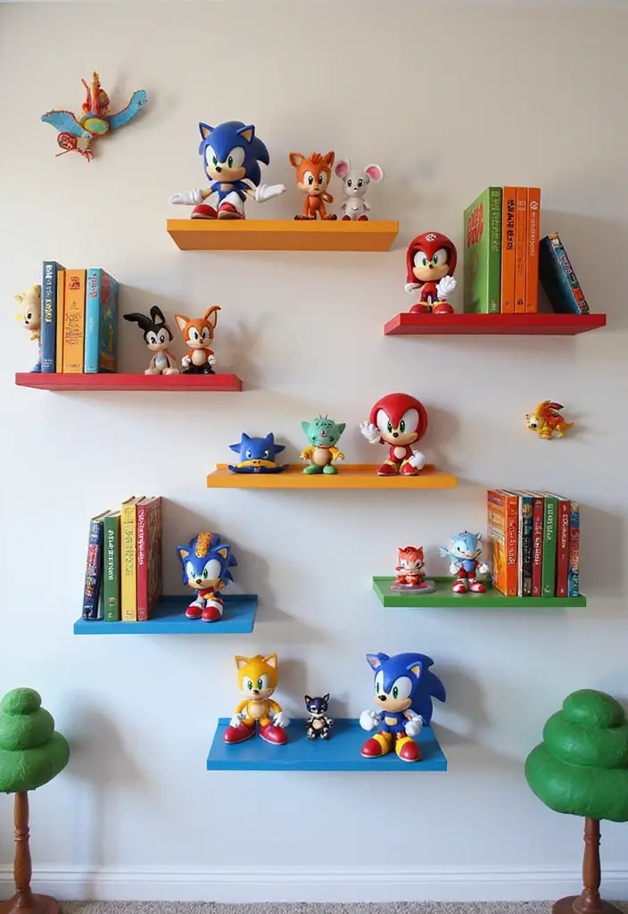 25 Sonic Bedroom Ideas for Kids Rooms That Bring Speed & Fun - 15. Sonic-Themed Wall Shelves