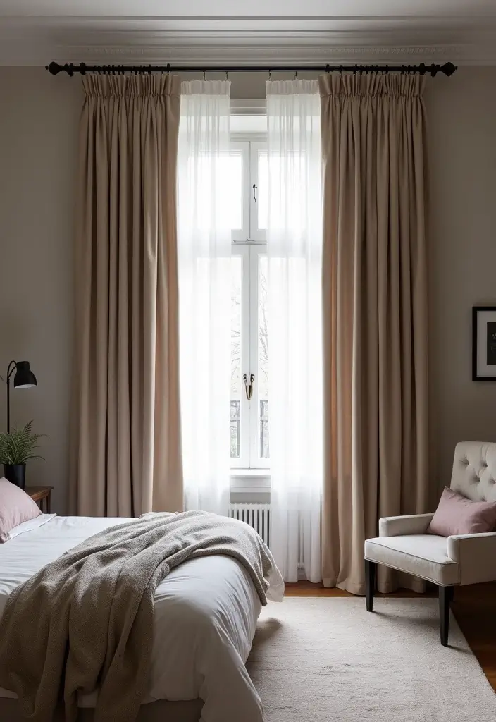 25 Velvet Curtains Bedroom Decorating Ideas That Feel Luxe - 13. Bold Curtain Rods to Make a Statement