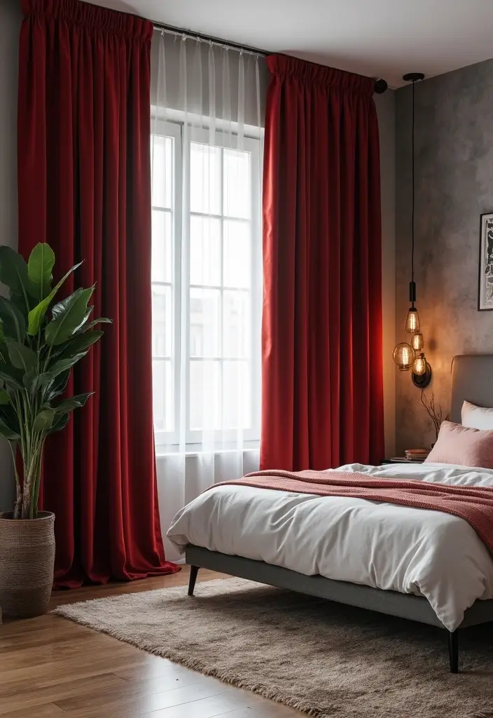 25 Velvet Curtains Bedroom Decorating Ideas That Feel Luxe - 9. Velvet Contrast Against Industrial Elements
