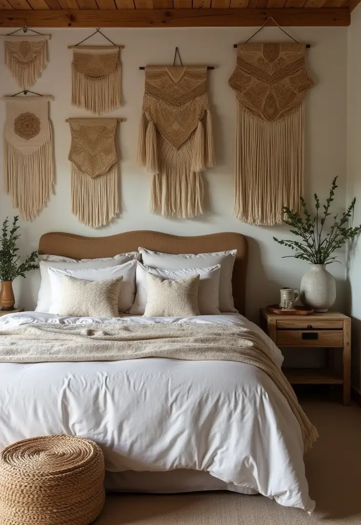 27 Country Rustic Bedroom Ideas That Blend Nature & Comfort - 11. Woven Wall Hangings